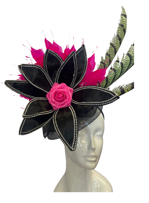 Black, Hot Pink, and Green Pheasant Feather Fascinator Hat