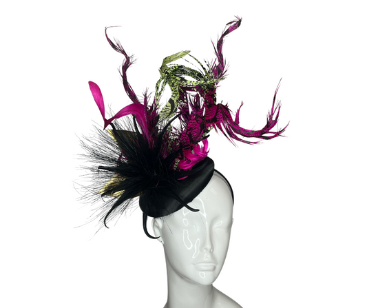 Black, Fuchsia and Green Pheasant Feathers Fascinator Hat