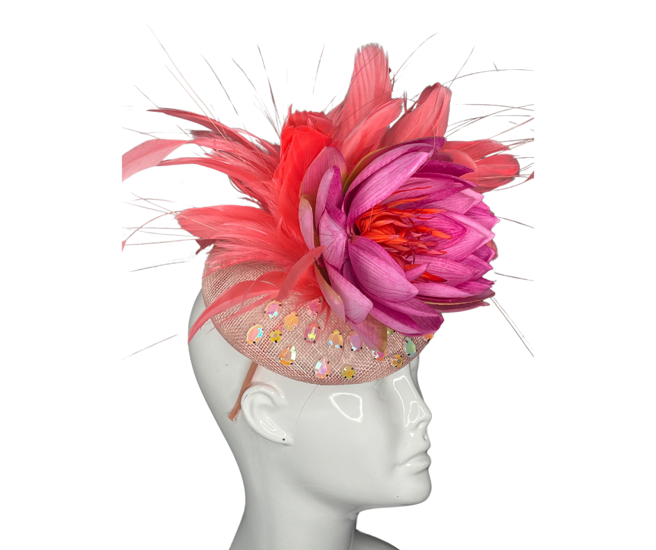 Bold Bloom Crystal-Embellished Fascinator Coral and Fuchsia Statement Headpiece"