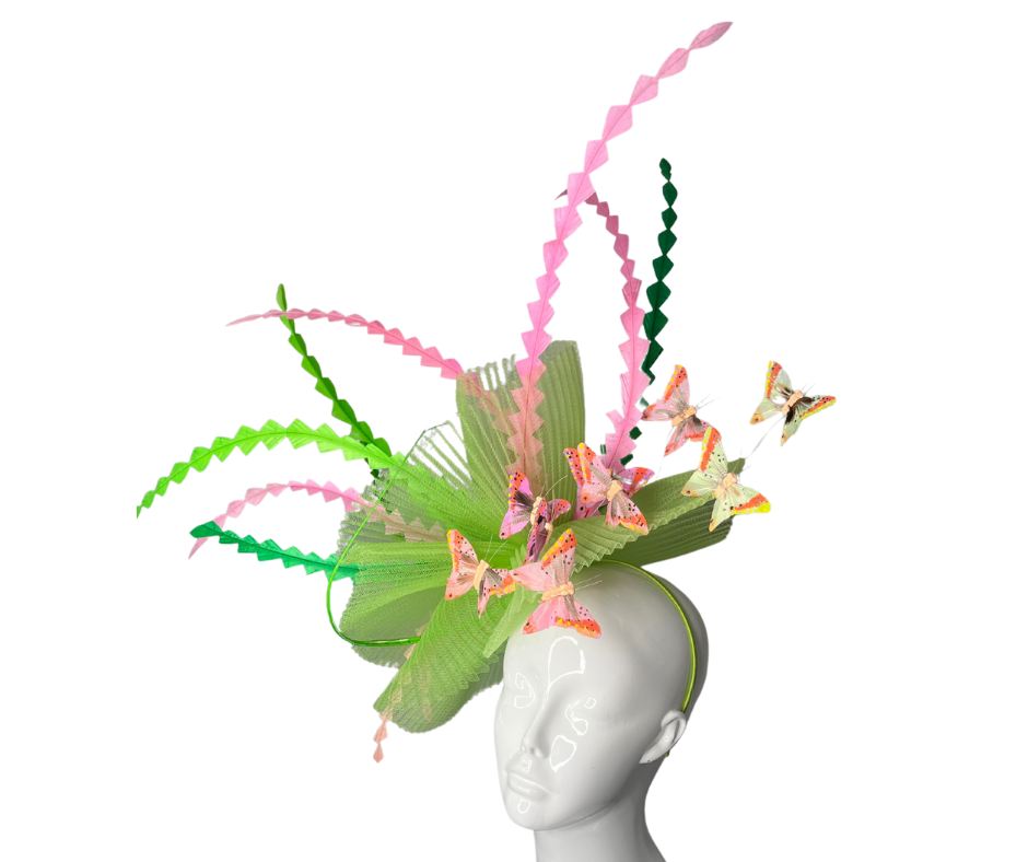 Butterfly Garden Fascinator – Whimsical Derby Headpiece with Green & Pink Accents