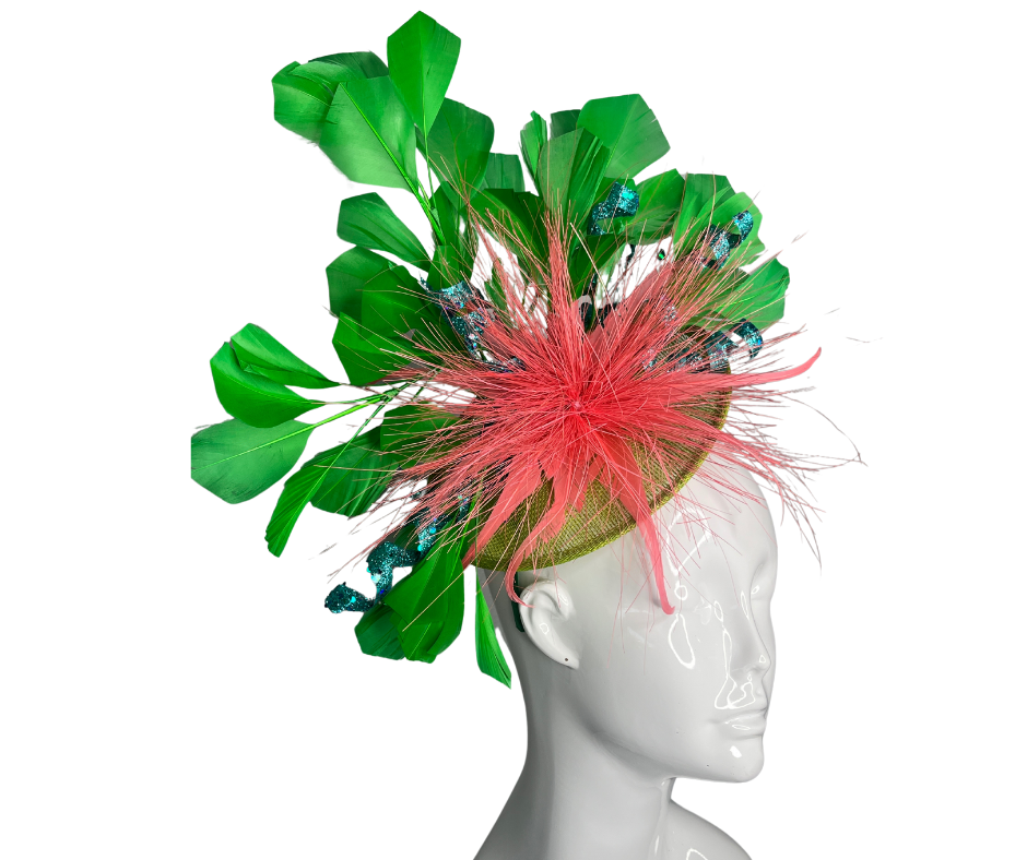 Emerald Green Feathers with Coral Feather Flower Turquoise Embellishment Fascinator Hat