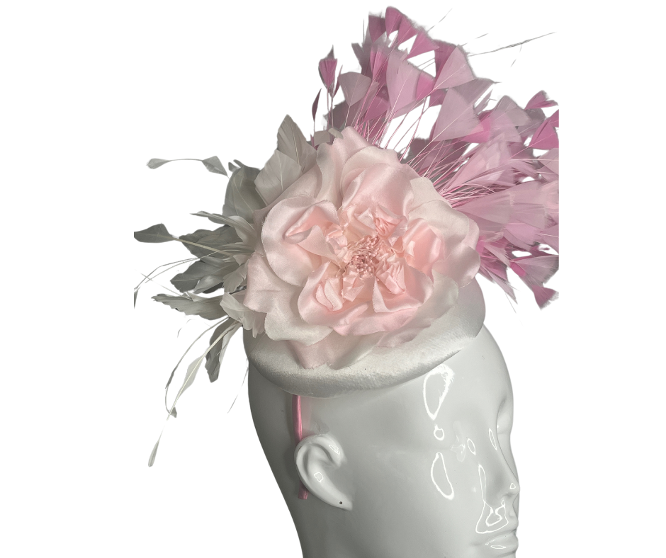 Elegant Pink & White Feather Fascinator – Derby Hat, Wedding Headpiece, Couture Millinery