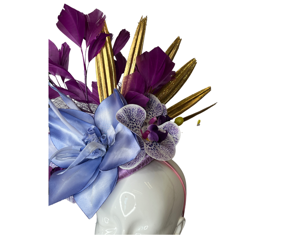 Blue Purple Floral with Dark Purple Feathers Gold Accents Fascinator Hat