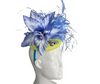 Title: Elegant Blue and Yellow  Feather Fascinator  Statement Hat for Derby, Weddings and Special Events