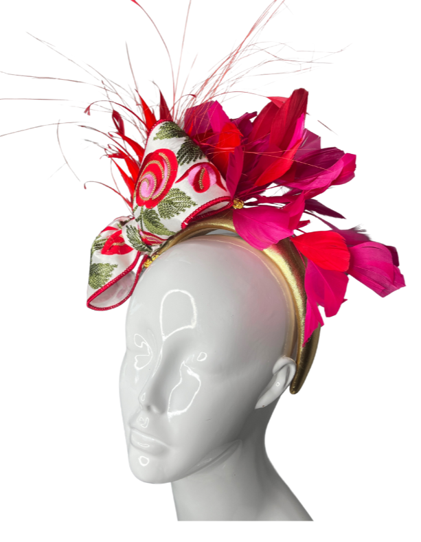 Rosette Royale Red Dark Pink  and Gold Statement Fascinator