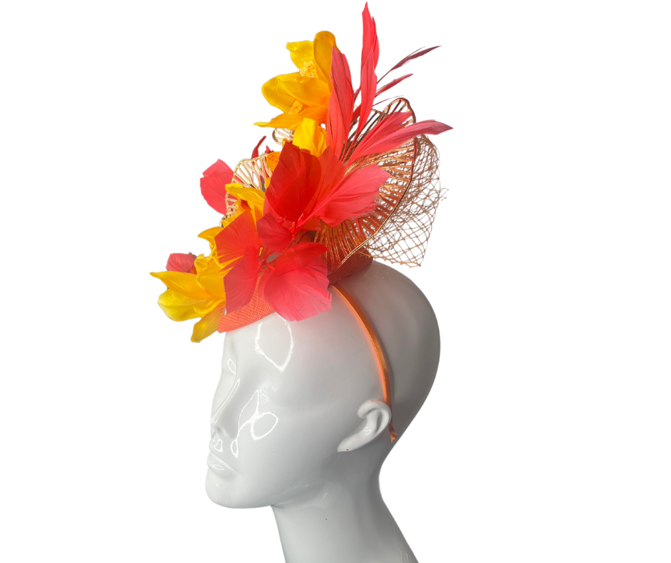 Fiery Bloom Fascinator  Statement Headpiece with Orange and Yellow Flowers with Feather Accents