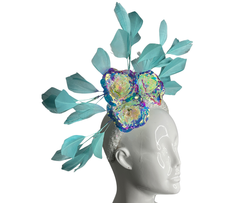 Mint Mirage Fascinator – Iridescent Floral & Feather Headpiece