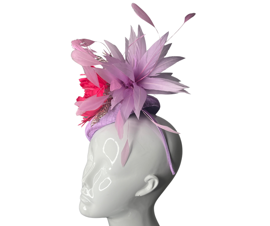 Bold Fuchsia and Lilac Statement Fascinator with Floral and Feather Accents