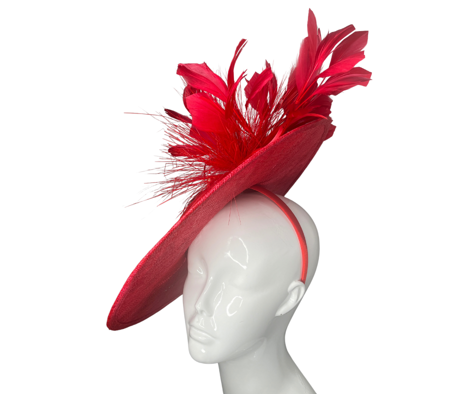 Elegant Red Butterfly Fascinator Hat  Statement Wide Brim with Feathers and  Embellished Detail