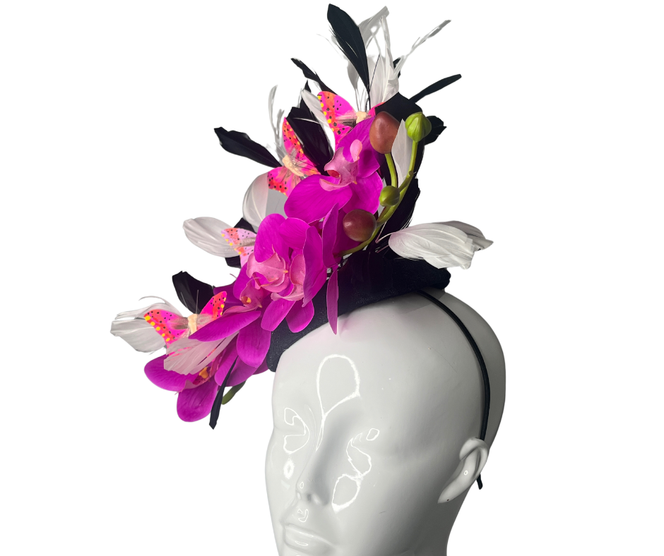 Elegant Orchid and Butterfly Fascinator with Black and White Feathers