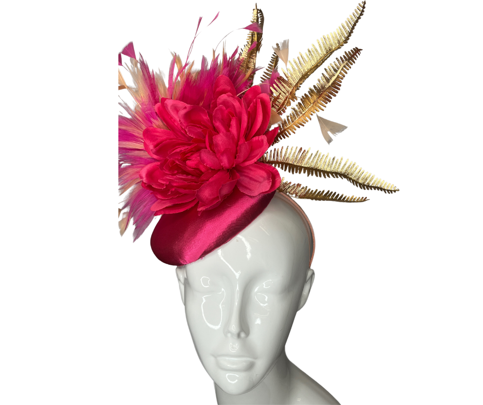 Hot Pink and Peach Feathers with Gold Embellishment Fascinator Hat