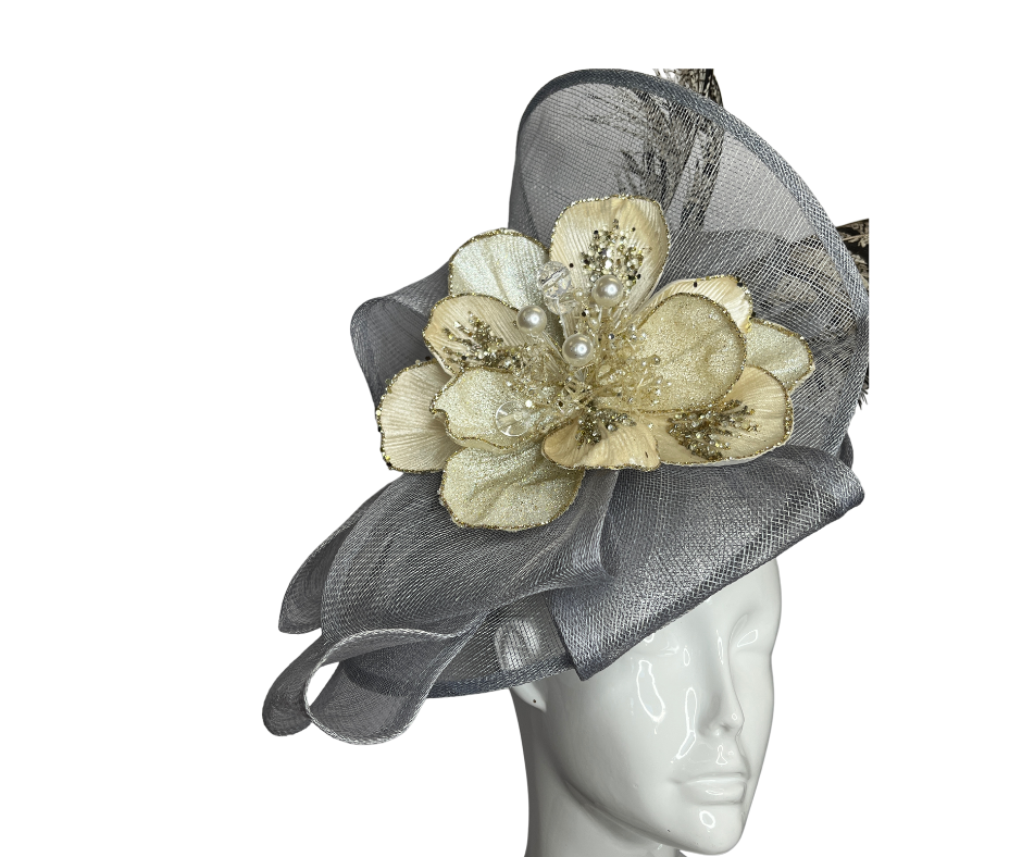 Neutral Light Slate Grey Cream Floral and Pheasant Feather Fascinator Hat