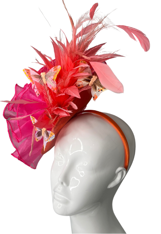 Fluttering Elegance Hot Pink and Coral Feather and Butterfly Fascinator