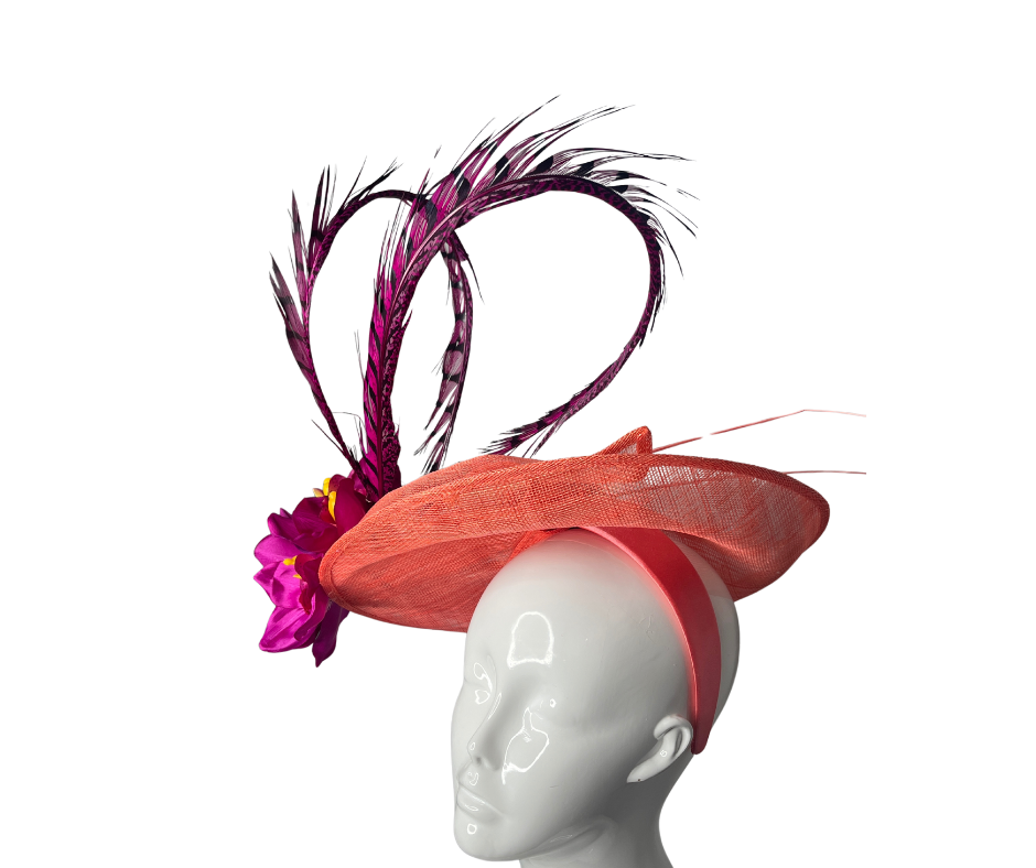 Vibrant Coral & Fuchsia Feather Fascinator Statement Headpiece for Elegant Events