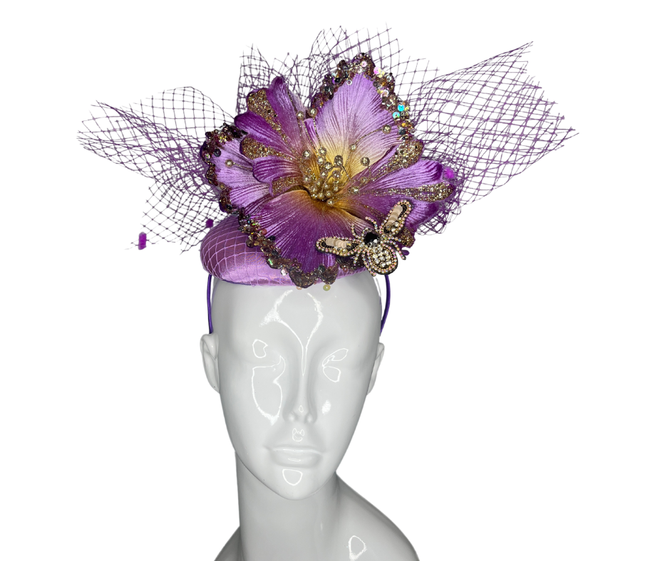 Luxury Purple Fascinator with Crystal-Embellished Flower & Veil – Elegant Derby, Wedding, Tea Party Hat