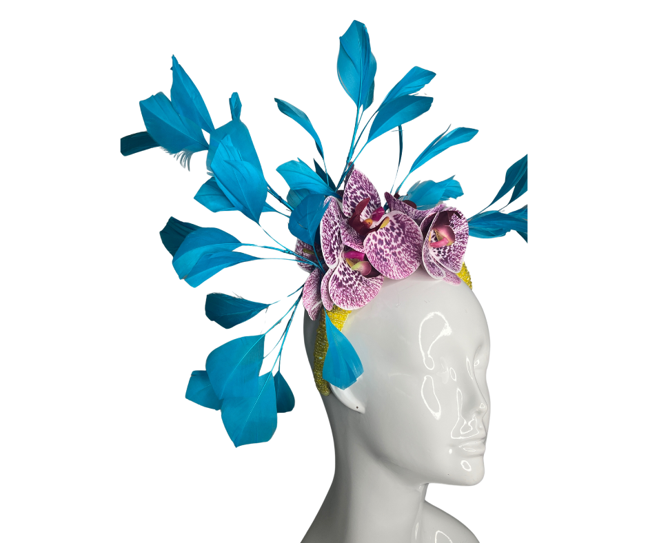 Vibrant Orchid & Blue Feather Fascinator – Derby Hat, Wedding Headpiece, Tea Party Hat