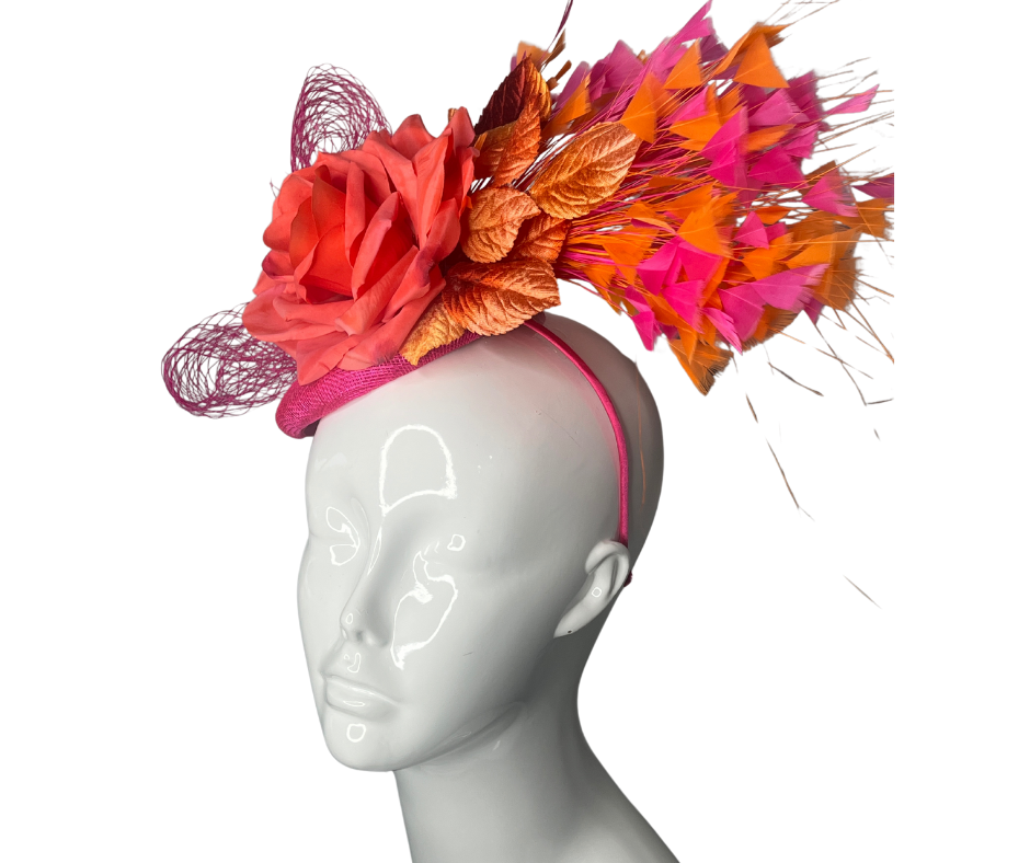 Fiery Rose and Feather Fascinator  Bold & Elegant Headpiece