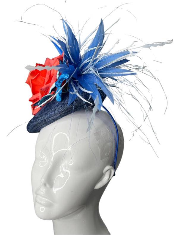 Midnight Bloom Fascinator  Navy and Coral Floral Statement Headpiece