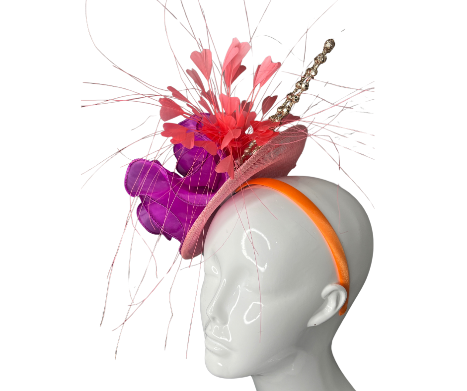 Bold Purple & Coral Fascinator – Derby Hat, Wedding Headpiece, Tea Party Hat