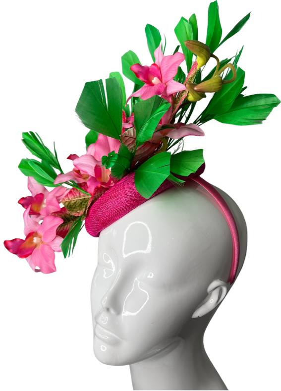 Tropical Pink Orchid Fascinator Vibrant Green & Floral Statement Piece