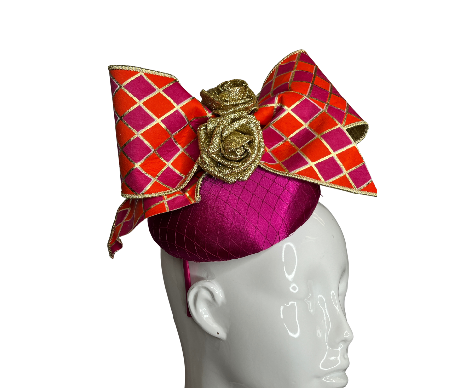 Magenta and Orange with Gold Roses Fascinator Hat