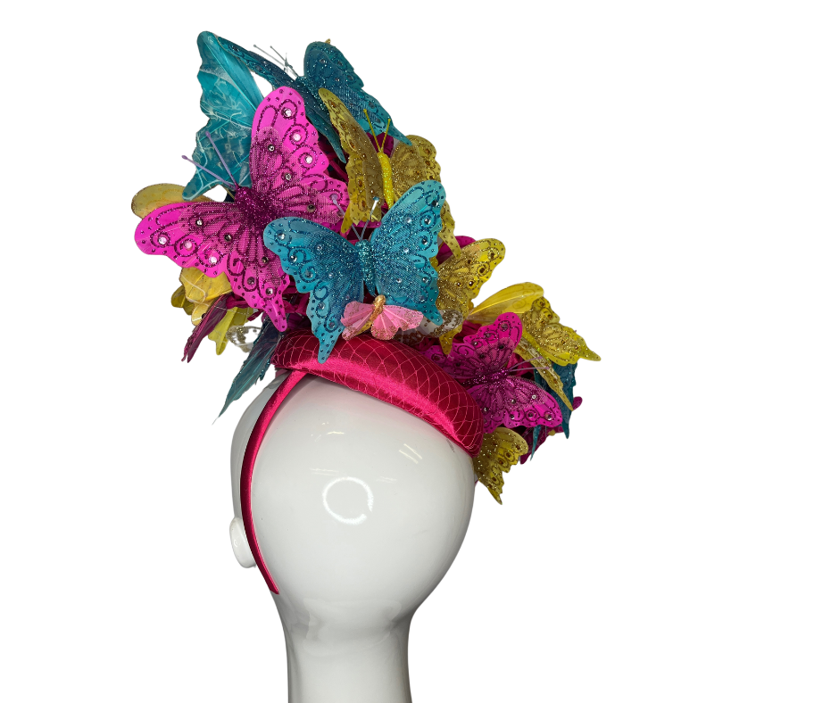 Turquoise, Yellow, and Hot Pink Glitter Butterfly Fascinator Hat