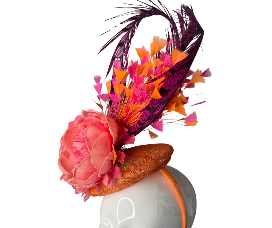 Vibrant Pink Pheasant Feathers and Orange Feathered Fascinator