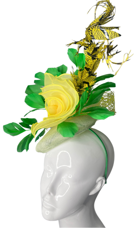 Elegant Yellow Rose Bright Green Feathers Fascinator