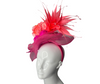 Raspberry Swirl Fascinator with Coral Bloom and Scarlet Feather Burst