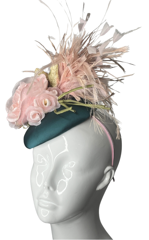 Deep Teal & Blush Pink Fascinator – Derby Hat, Wedding Headpiece, Elegant Millinery