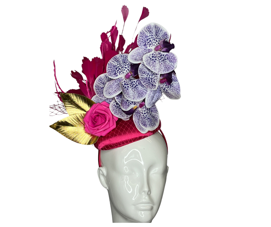 Hot Pink Feather and Purple Orchids Fascinator Hat