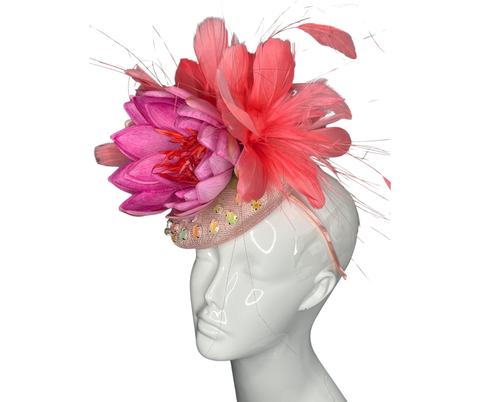 Bold Bloom Crystal-Embellished Fascinator Coral and Fuchsia Statement Headpiece"