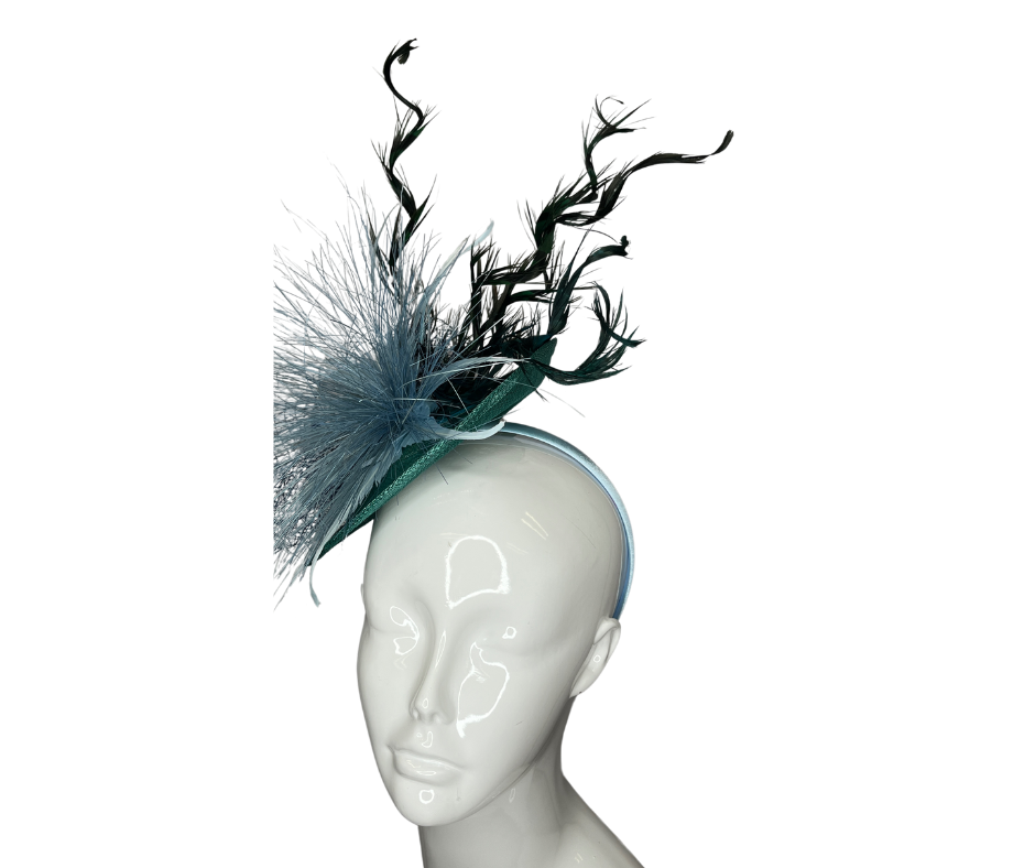 Green, Light Blue and Dark Green Feathers Fascinator Hat