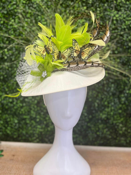 Handmade Lime Green with Natural Pheasant Fascinator Hat