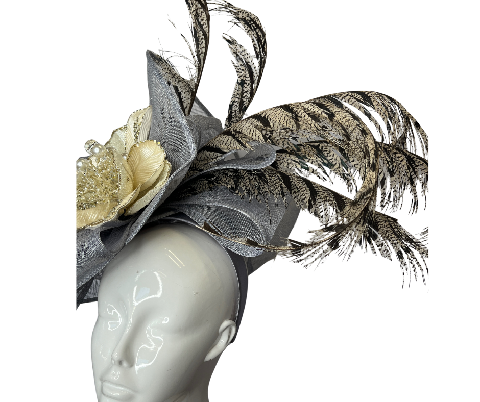 Neutral Light Slate Grey Cream Floral and Pheasant Feather Fascinator Hat