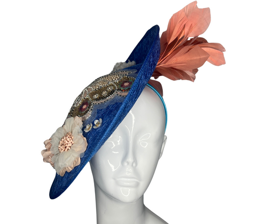 Elegant Blue and Blush Butterfly Saucer Hat  Handcrafted Statement Fascinator for Derby Special Events