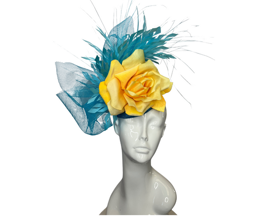 Turquoise Blue and Yellow Rose Fascinator Hat