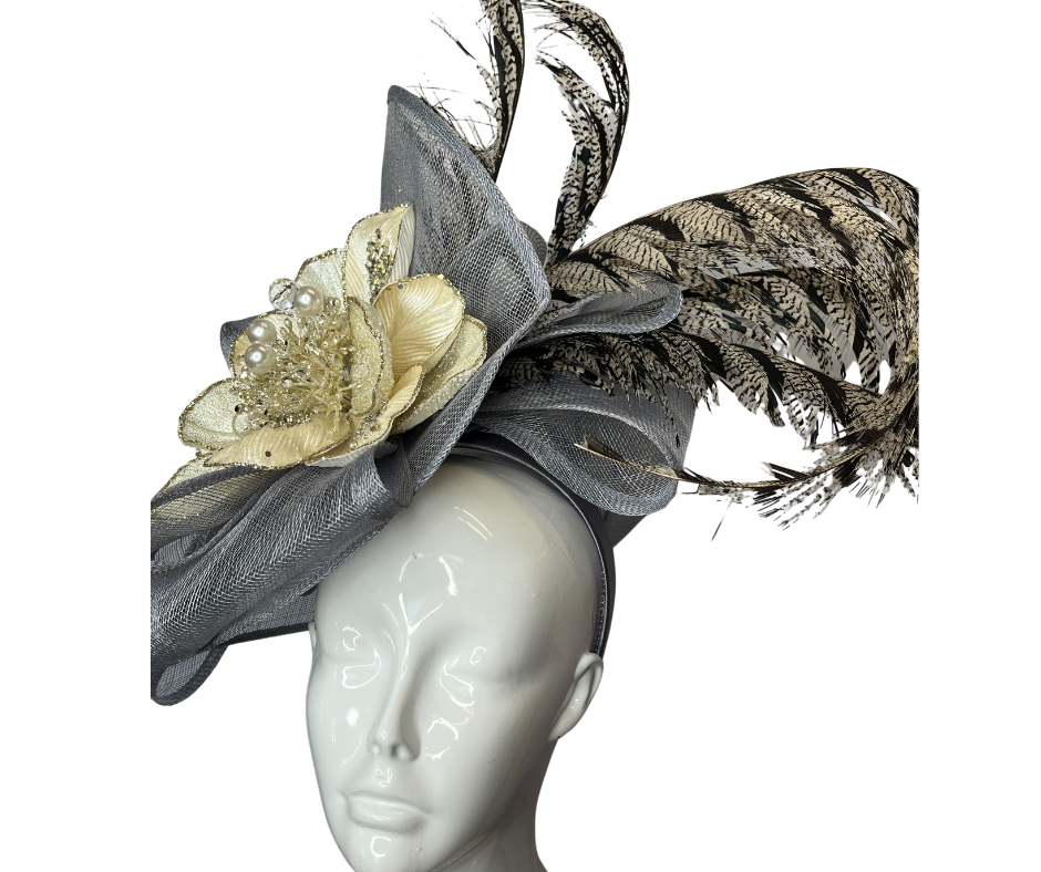 Neutral Light Slate Grey Cream Floral and Pheasant Feather Fascinator Hat