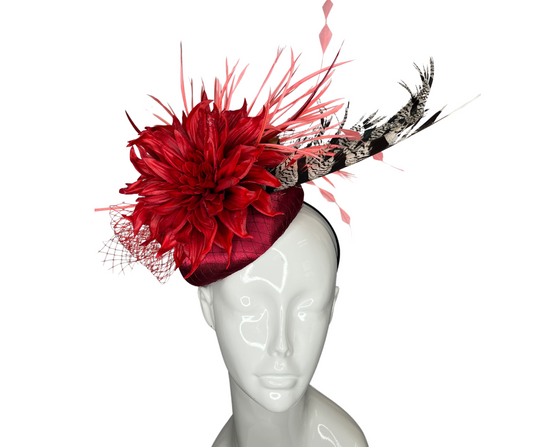 Wine and Coral Feather Fascinator Hat