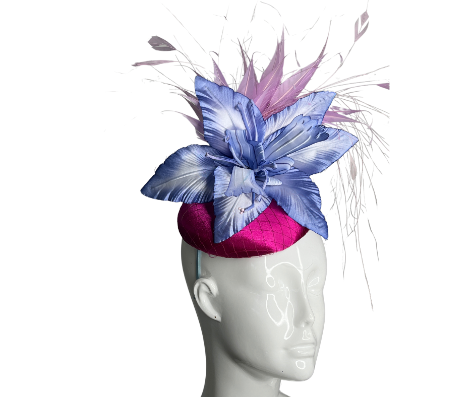 Periwinkle Bloom Fascinator with Magenta Base and Feather Accents