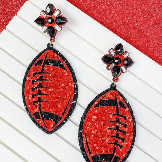 Glitter Football Dangle Earrings - Red & Black