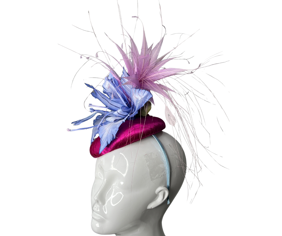 Periwinkle Bloom Fascinator with Magenta Base and Feather Accents