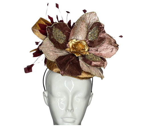 Gold and Burgundy Wine Feather Fasciantor Hat