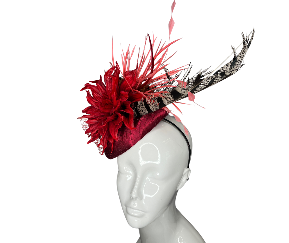 Wine and Coral Feather Fascinator Hat