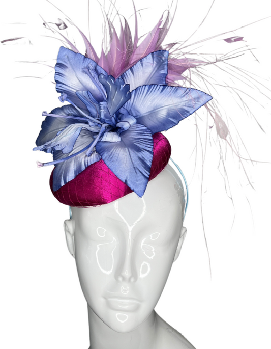 Periwinkle Bloom Fascinator with Magenta Base and Feather Accents