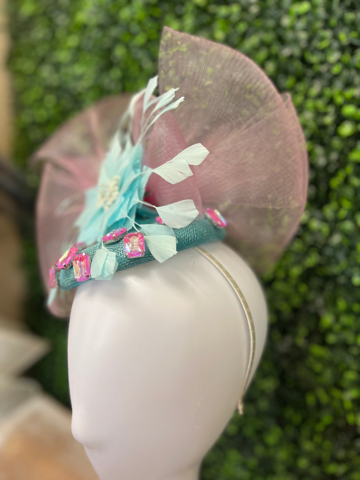 Handmade Turquoise and Light Pink Crinoline Fascinator Hat