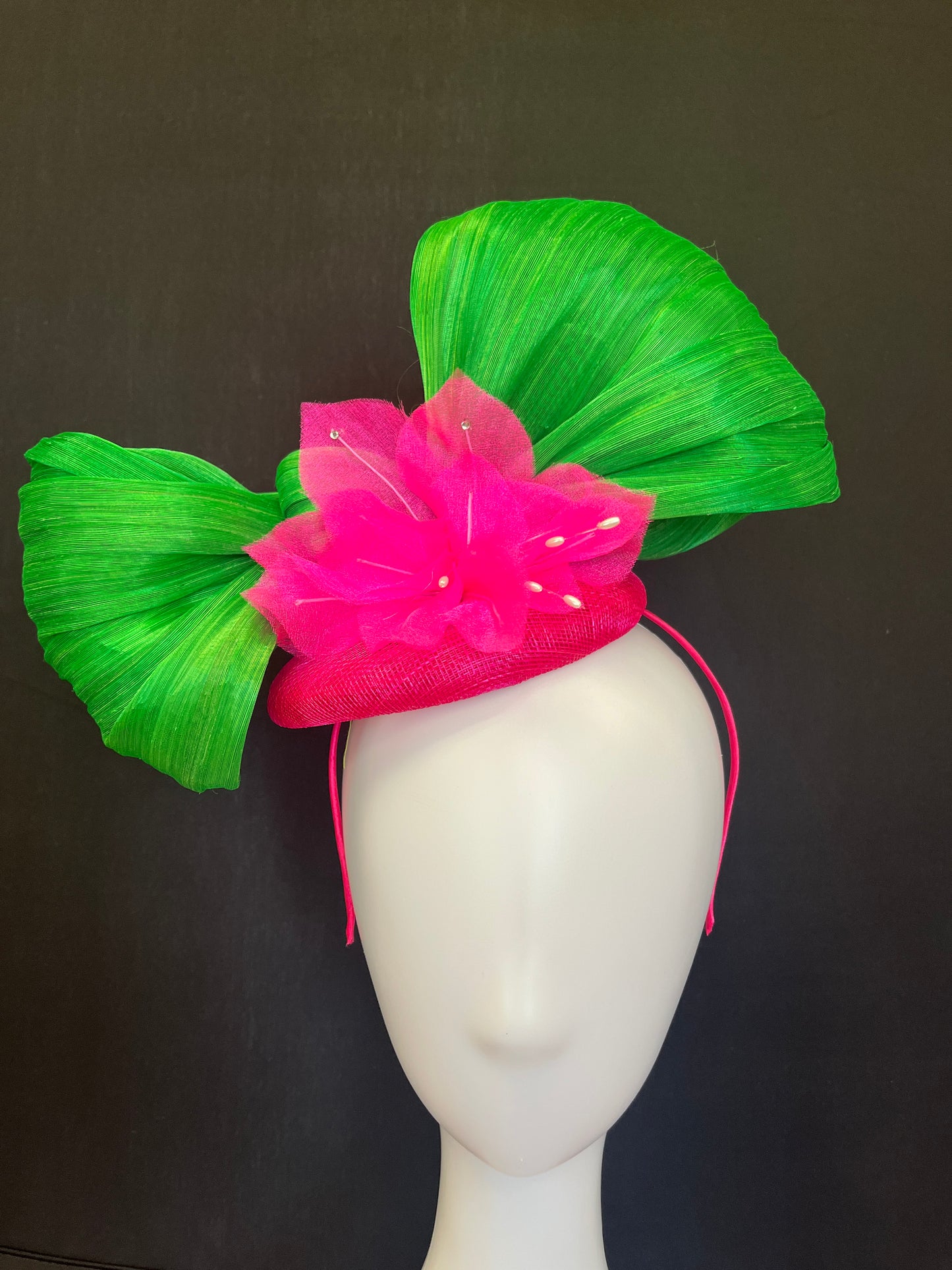 Handcrafted Emerald Green and Pink Fascinator Hat