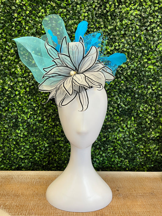 Black and White Floral with blue crinoline Fascinator Hat