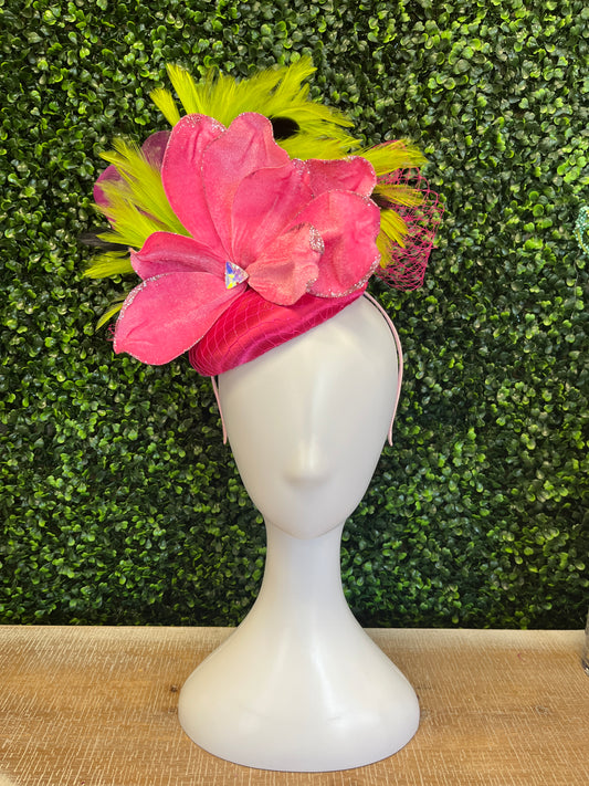 Hot Pink & Lime Green Feathers Fascinator Hat