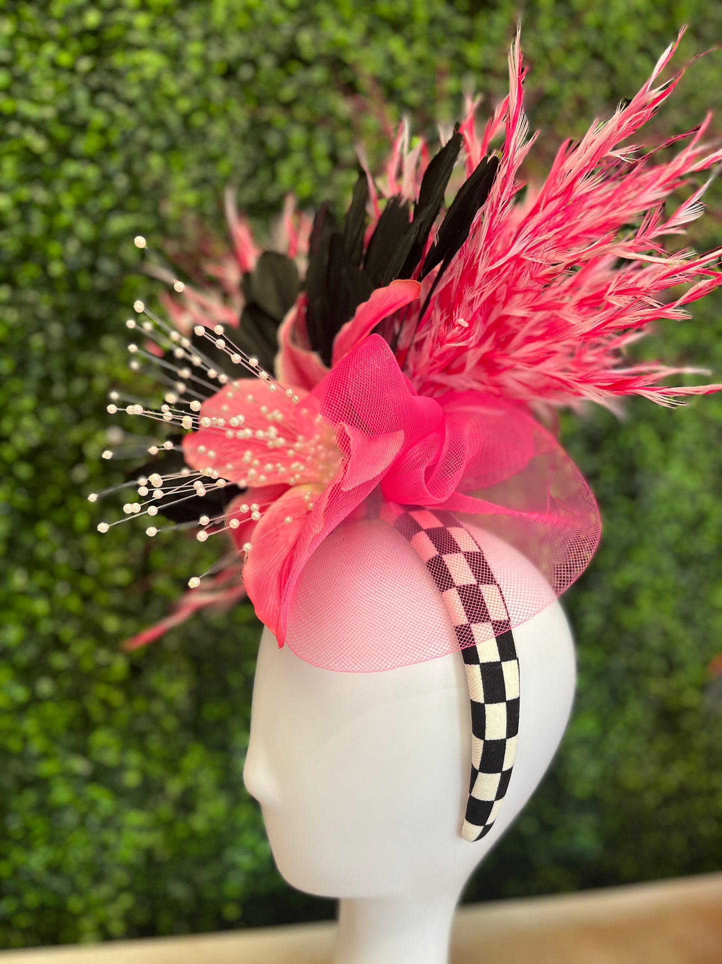 Black, White, Pink Checkerboard Headband Fascinator Hat